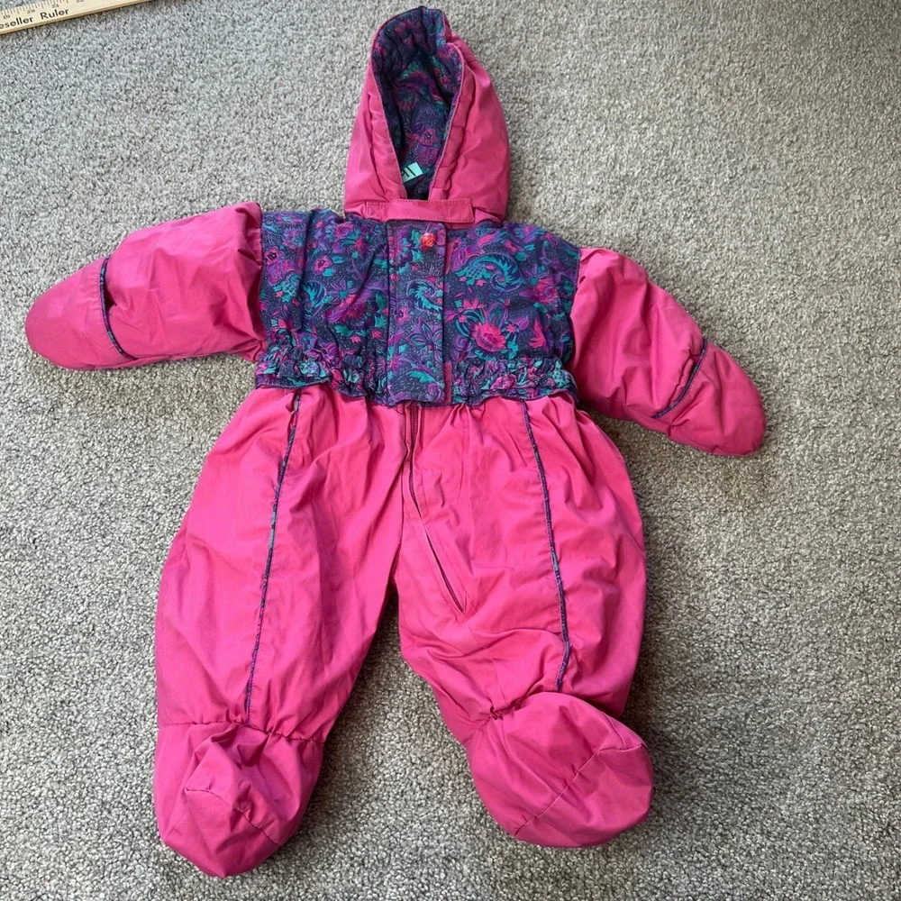 vtg ski snow suit baby 6-9m pink one piece retro outdoor gorpcore 80s geometric
